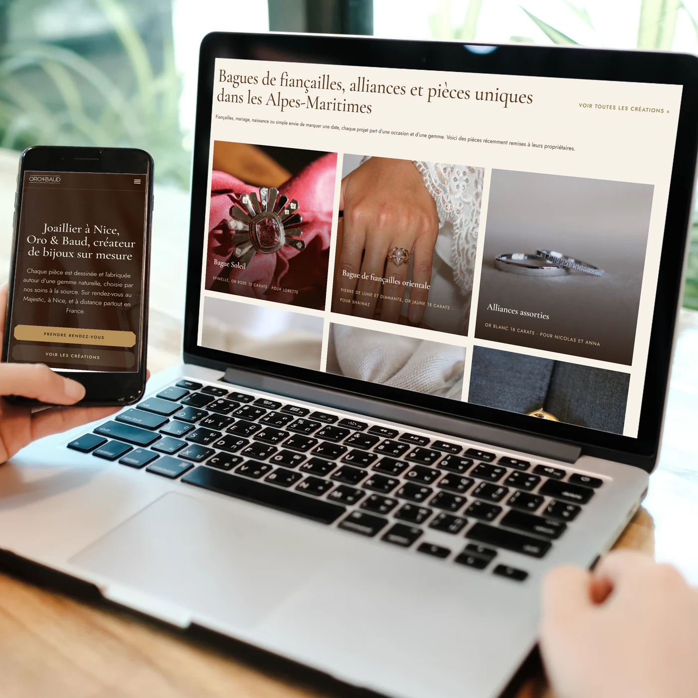 Site internet d'Oro & Baud sur ordinateur et téléphone